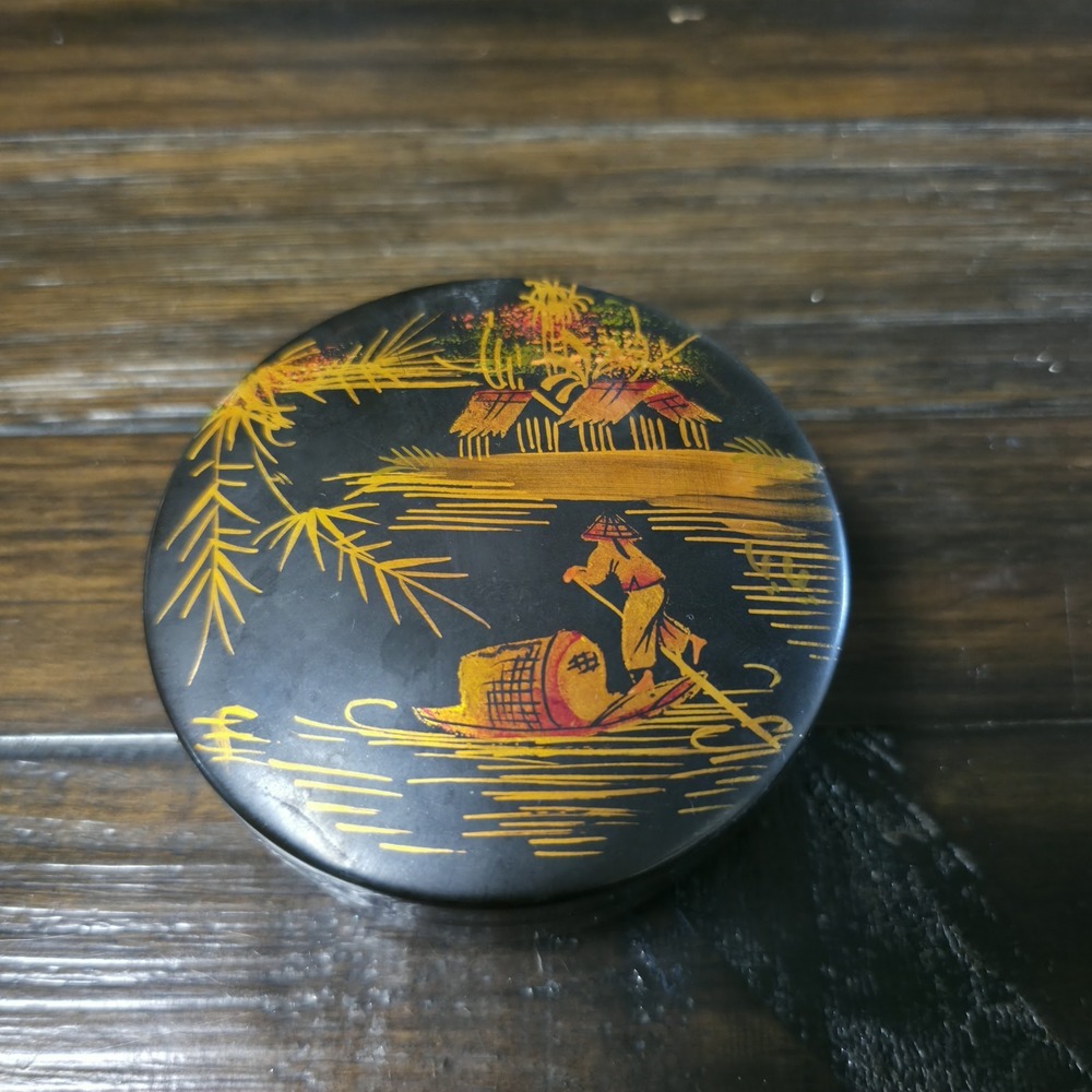 Vintage Vietnamese Son Mai Lacquer Box Hand Painted Fisherman Boat Village Huts